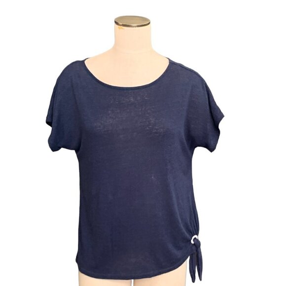 Michael Kors Linen-Viscose Short Sleeve Tee Side Tie Sz M Navy Blue 104D - Picture 1 of 6